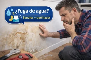 Hombre revisando una pared con humedad y manchas de agua en su vivienda por una posible fuga de agua